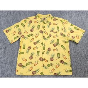 Pussers Shirt Mens Large Yellow Silk Blend Pineapple Drinks AOP Tropical Camp
